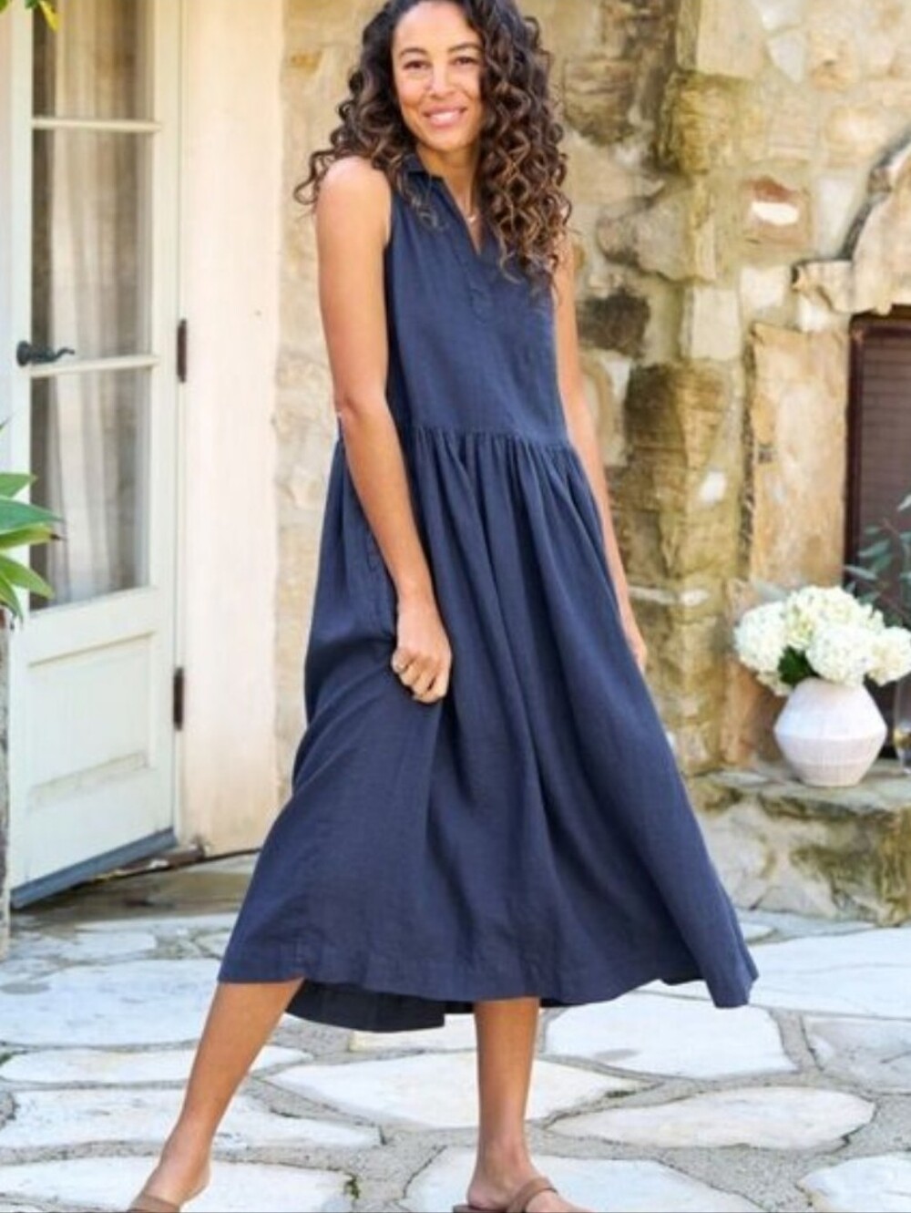 Frank & Eileen Daphne Washed Linen Navy Maxi Dress Women's Medium